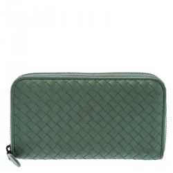 Pre Owned Bottega Veneta Mint Green Intrecciato Leather Zip Around Wallet