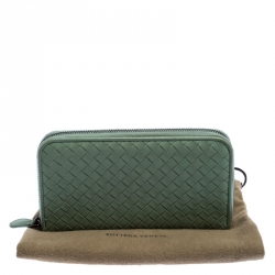 Pre Owned Bottega Veneta Mint Green Intrecciato Leather Zip Around Wallet
