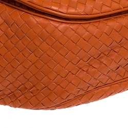 Pre Owned Bottega Veneta Orange Intrecciato Leather Drawstring Flap Crossbody Bag