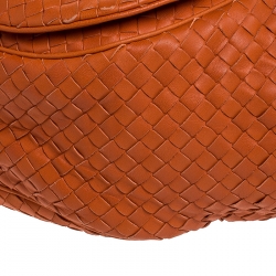 Pre Owned Bottega Veneta Orange Intrecciato Leather Drawstring Flap Crossbody Bag