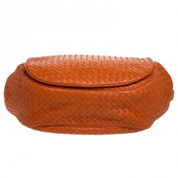 Pre Owned Bottega Veneta Orange Intrecciato Leather Drawstring Flap Crossbody Bag
