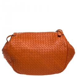 Pre Owned Bottega Veneta Orange Intrecciato Leather Drawstring Flap Crossbody Bag