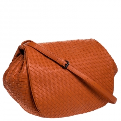Pre Owned Bottega Veneta Orange Intrecciato Leather Drawstring Flap Crossbody Bag