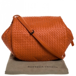 Pre Owned Bottega Veneta Orange Intrecciato Leather Drawstring Flap Crossbody Bag