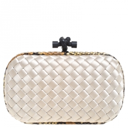 Pre Owned Bottega Veneta Off White Intrecciato Satin and Python Trim Knot Clutch