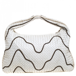 Pre Owned Bottega Veneta White Intrecciato Leather Chain Embellished Maxi Veneta Hobo