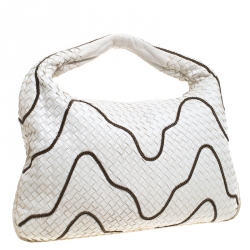 Pre Owned Bottega Veneta White Intrecciato Leather Chain Embellished Maxi Veneta Hobo