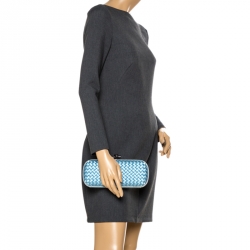 Pre Owned Bottega Veneta Sky Blue Intrecciato Satin and Python Stretch Knot Clutch