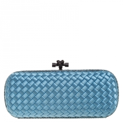 Pre Owned Bottega Veneta Sky Blue Intrecciato Satin and Python Stretch Knot Clutch