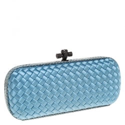 Pre Owned Bottega Veneta Sky Blue Intrecciato Satin and Python Stretch Knot Clutch
