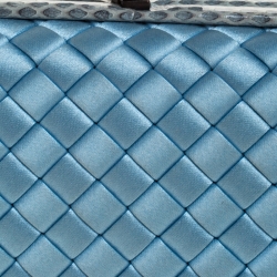 Pre Owned Bottega Veneta Sky Blue Intrecciato Satin and Python Stretch Knot Clutch