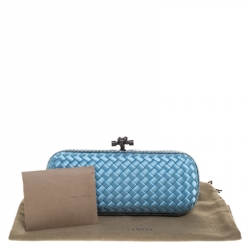 Pre Owned Bottega Veneta Sky Blue Intrecciato Satin and Python Stretch Knot Clutch