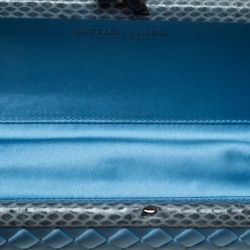 Pre Owned Bottega Veneta Sky Blue Intrecciato Satin and Python Stretch Knot Clutch