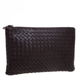 Bottega Veneta Dark Brown Intrecciato Leather Pouch