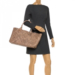 مملوكة مسبقًا Bottega Veneta Beige Woven Leather and Croc Embossed Medium Limited Edition Cabat Tote