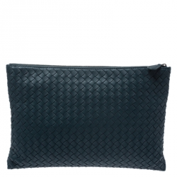Pre Owned Bottega Veneta Teal Blue Intrecciato Leather Clutch