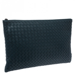 Pre Owned Bottega Veneta Teal Blue Intrecciato Leather Clutch