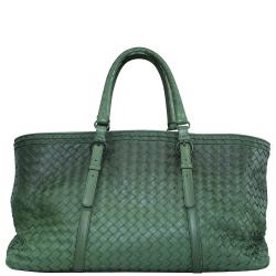 Pre Owned Bottega Veneta Dark Green Intrecciato Leather Tote Bag