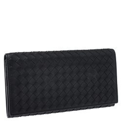 Pre Owned محفظة كونتينينتال بوتيغا فينيتا جلد أنترشياتو سوداء