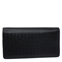 Pre Owned Bottega Veneta Black Intrecciato Leather Chain Clutch