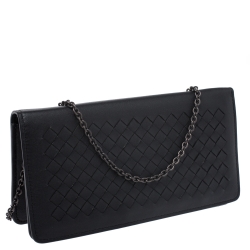 Pre Owned Bottega Veneta Black Intrecciato Leather Chain Clutch