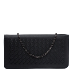 Pre Owned Bottega Veneta Black Intrecciato Leather Chain Clutch