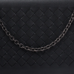Pre Owned Bottega Veneta Black Intrecciato Leather Chain Clutch