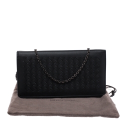 Pre Owned Bottega Veneta Black Intrecciato Leather Chain Clutch