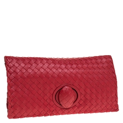Pre Owned Bottega Veneta Red Intrecciato Leather Twist Lock Clutch