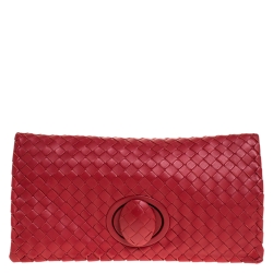 Pre Owned Bottega Veneta Red Intrecciato Leather Twist Lock Clutch