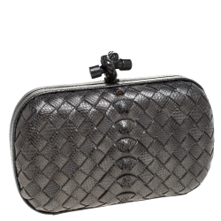 Pre Owned Bottega Veneta Metallic Grey Lizard Knot Clutch 