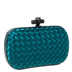 Pre Owned Bottega Veneta Emerald Green Satin and Snakeskin Trim Knot Clutch