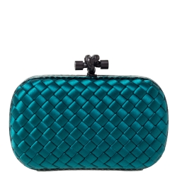 Pre Owned Bottega Veneta Emerald Green Satin and Snakeskin Trim Knot Clutch