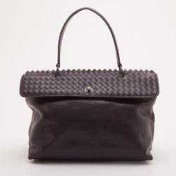Pre Owned Bottega Veneta Brown Leather Woven Flap Satchel