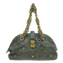 Bottega Veneta Green and Purple Intrecciato Leather Bowling Bag