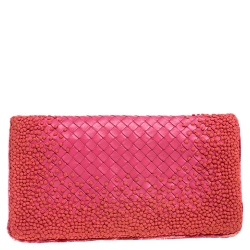 Pre Owned Bottega Veneta Pink Intrecciato Embroidered Leather Clutch