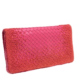 Pre Owned Bottega Veneta Pink Intrecciato Embroidered Leather Clutch