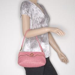 Pre Owned Bottega Veneta Small Pink Woven Leather Shoulder  Bag
