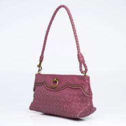 Pre Owned Bottega Veneta Small Pink Woven Leather Shoulder  Bag