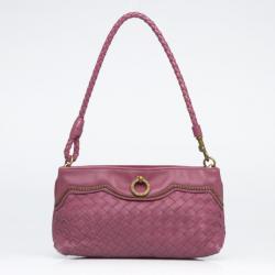 Pre Owned Bottega Veneta Small Pink Woven Leather Shoulder  Bag