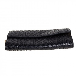 Pre Owned Bottega Veneta Black Snakeskin Continental Wallet