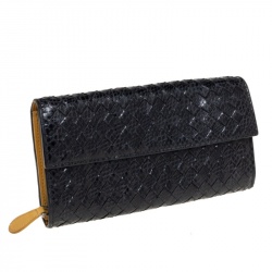 Pre Owned Bottega Veneta Black Snakeskin Continental Wallet
