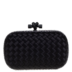 Pre Owned Bottega Veneta Black Satin and Snakeskin Trim Knot Clutch