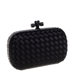 Pre Owned Bottega Veneta Black Satin and Snakeskin Trim Knot Clutch