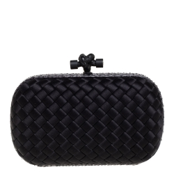 Pre Owned Bottega Veneta Black Satin and Snakeskin Trim Knot Clutch