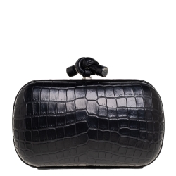 Pre Owned Bottega Veneta Black Croc Knot Clutch