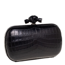Pre Owned Bottega Veneta Black Croc Knot Clutch