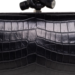 Pre Owned Bottega Veneta Black Croc Knot Clutch
