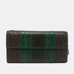 Pre Owned Bottega Veneta Green Intrecciato Karung Flap Continental Wallet