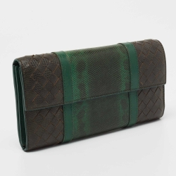 Pre Owned Bottega Veneta Green Intrecciato Karung Flap Continental Wallet